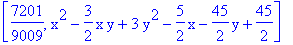 [7201/9009, x^2-3/2*x*y+3*y^2-5/2*x-45/2*y+45/2]